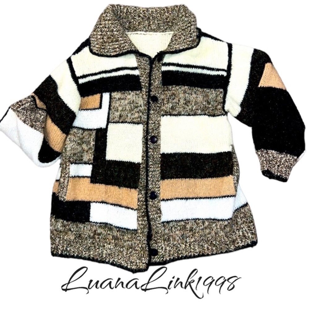 Handmade Creme, Black & Brown Multicolored Striped Sweater Cardigan Medium